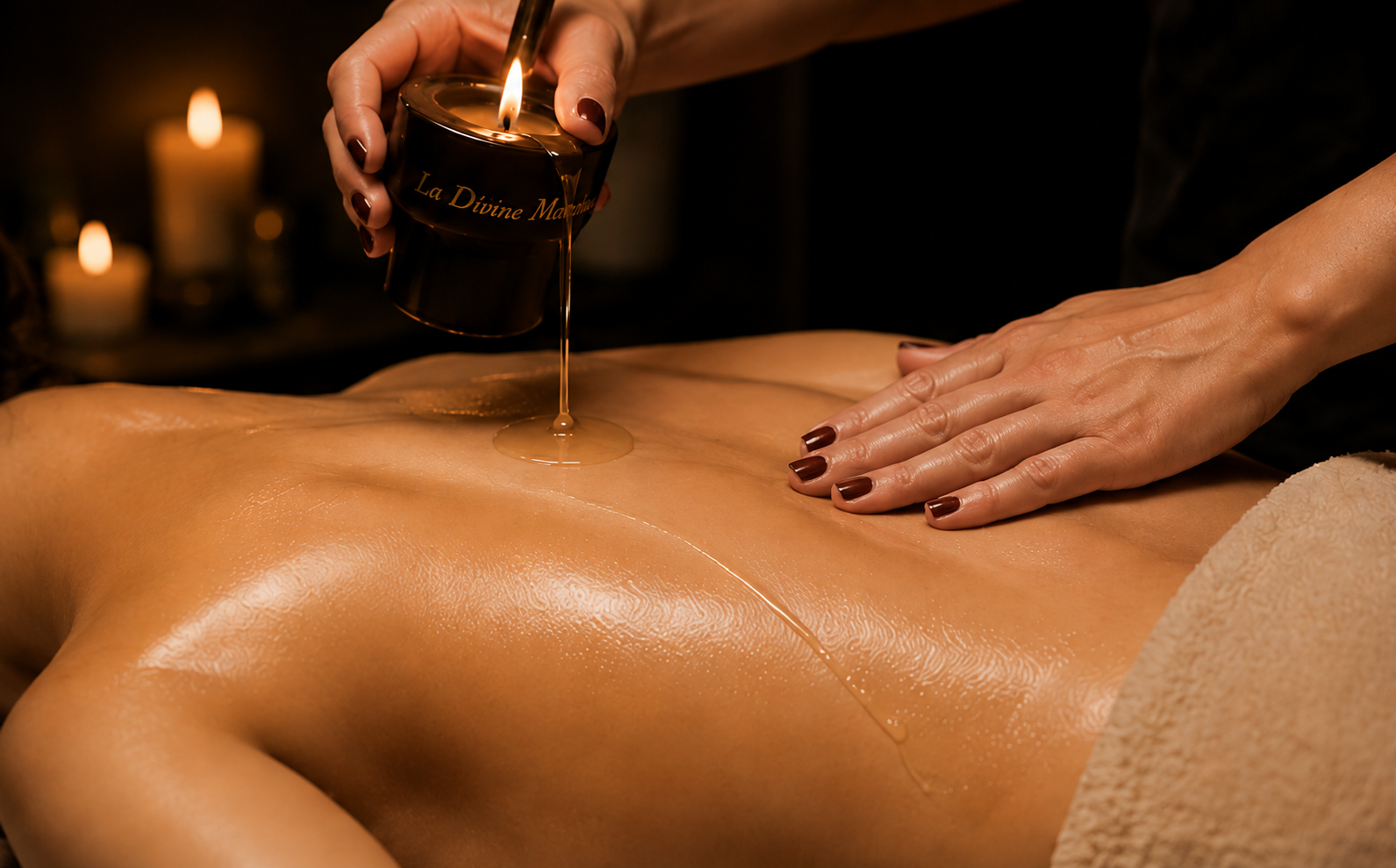 Massage à la Bougie aux Soins de Camargue, huile de bougie chaude et enveloppante lors d'un soin cocooning et réconfortant, à Triel-sur-Seine