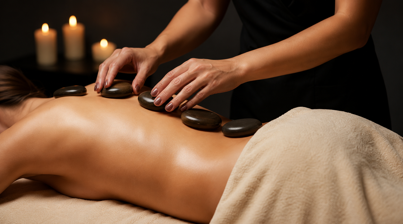 Massage aux pierres chaudes, pierres de basalte posées sur le dos, aux Soins de Camargue à Triel-sur-Seine